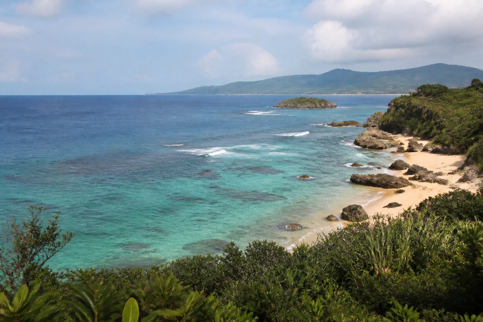 Representative island destination view: Okinawa, Japan; coastline and regional vegetation, not an exact landmark photograph.