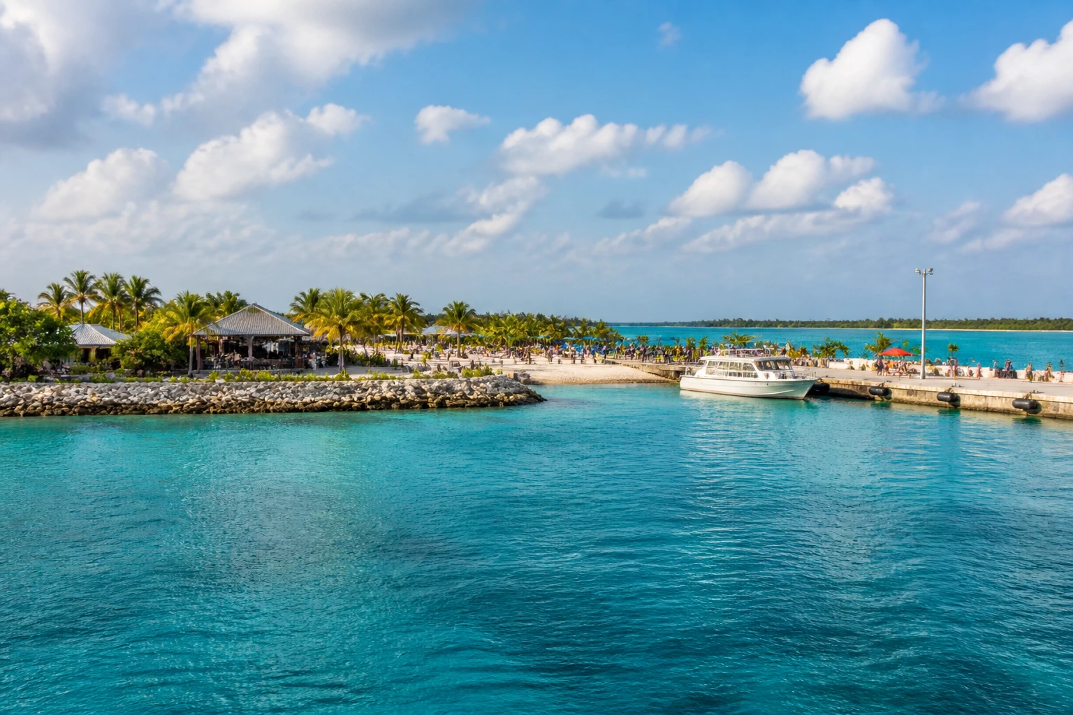 Representative cruise port destination view: Great Stirrup Cay, Bahamas; passenger waterfront and harbor water, not an exact landmark photograph.