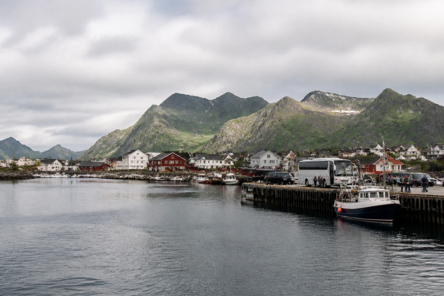 Representative cruise port destination view: Leknes, Norway; passenger waterfront and harbor water, not an exact landmark photograph.