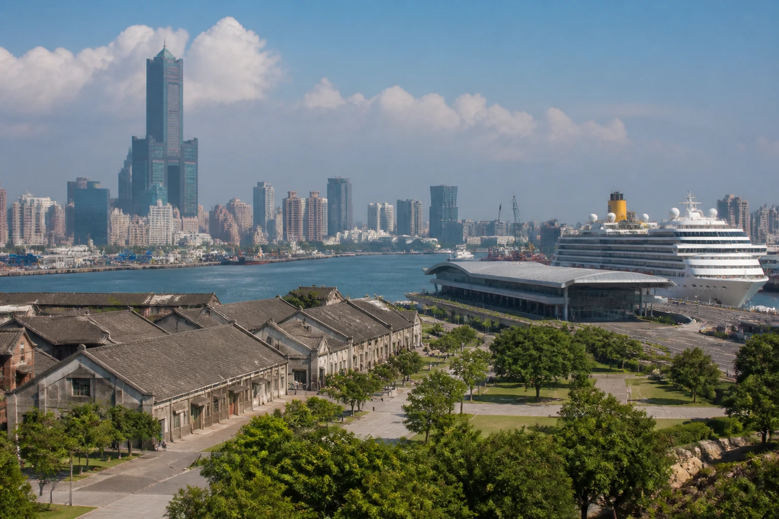 Representative city destination view: Kaohsiung, Taiwan; passenger waterfront and harbor water, not an exact landmark photograph.