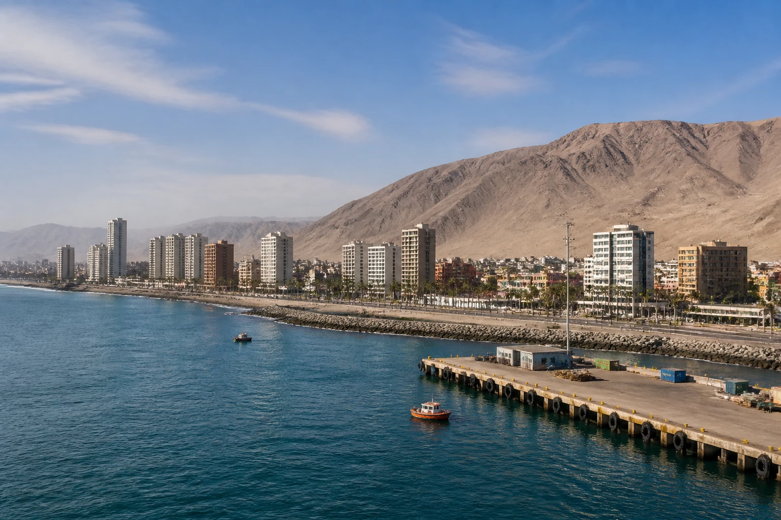 Representative cruise port destination view: Iquique, Chile; passenger waterfront and harbor water, not an exact landmark photograph.