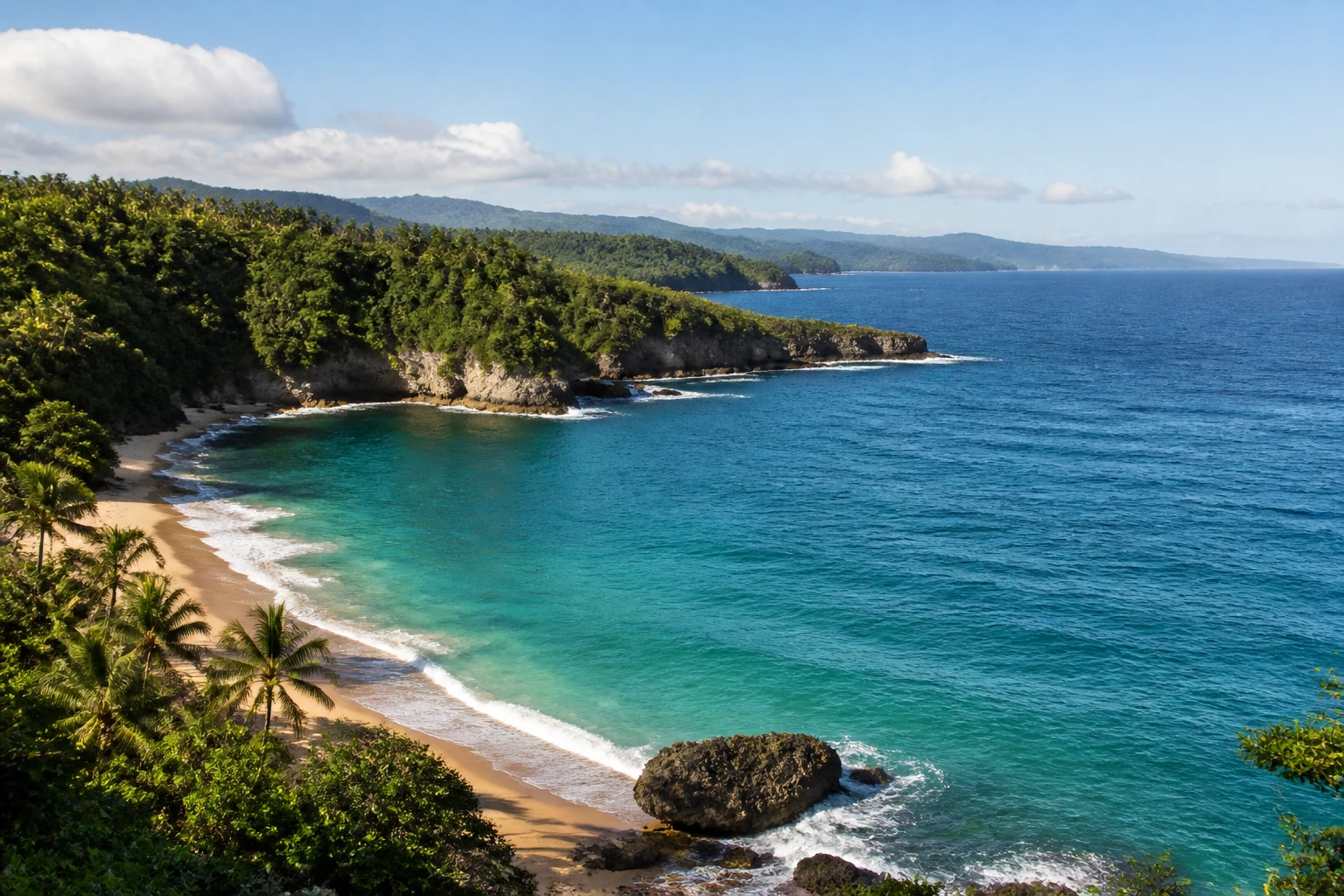 Representative coastal destination view: Samana, Dominican Republic; coastline and regional vegetation, not an exact landmark photograph.