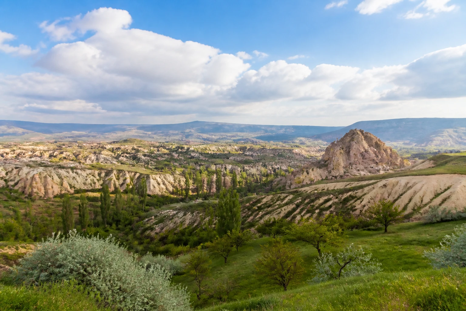 Representative nature destination overview of Cappadocia in Turkiye, showing regional terrain, vegetation, and natural light rather than an exact landmark view.