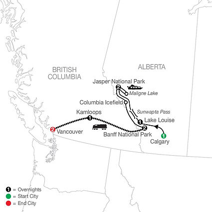 Official Globus route map for Great Resorts of the Canadian Rockies with Rocky Mountaineer, traveling from Calgary to Vancouver