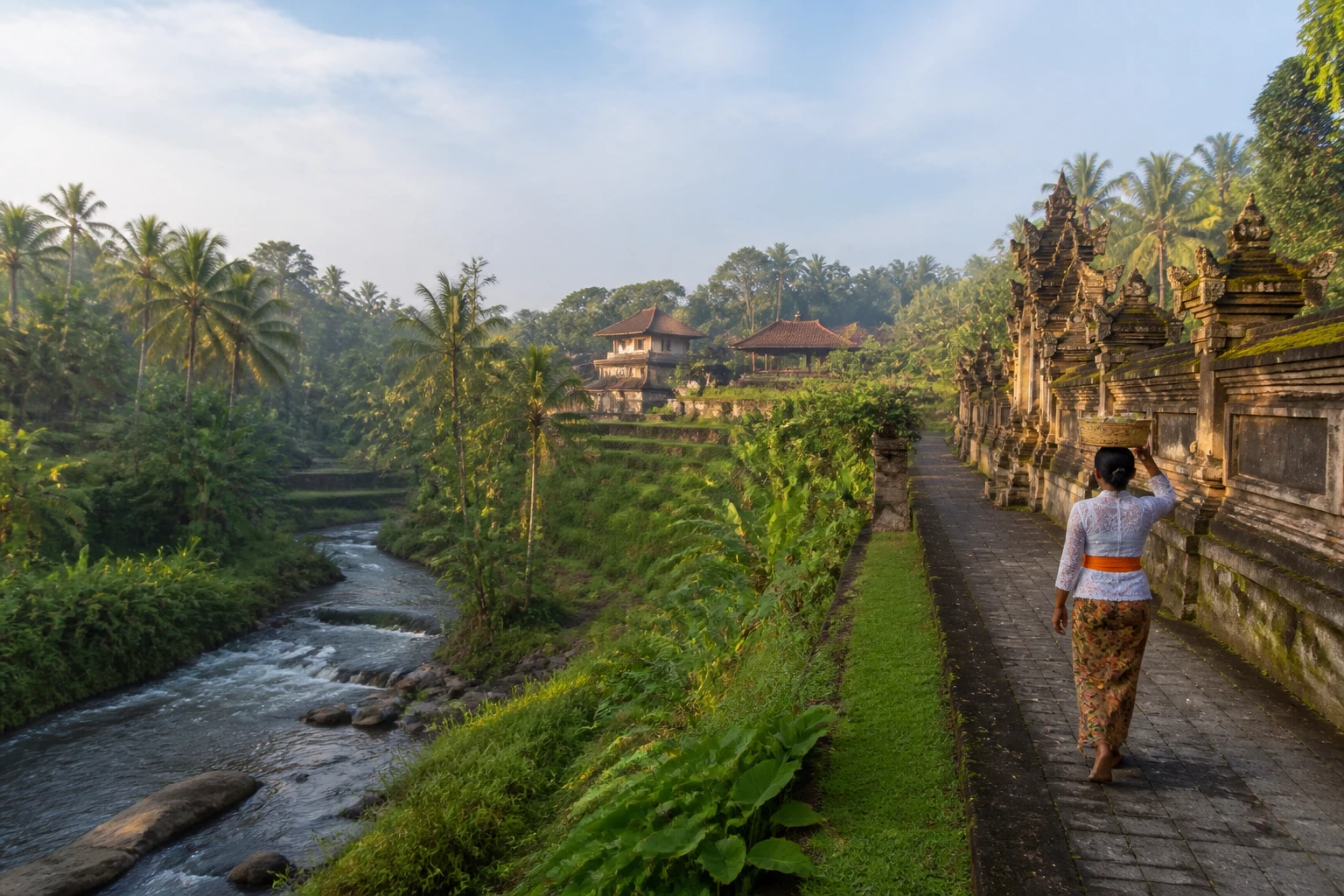 Representative resort destination view: Ubud, Indonesia; inland tropical greenery and cultivated terraces, not an exact landmark photograph.