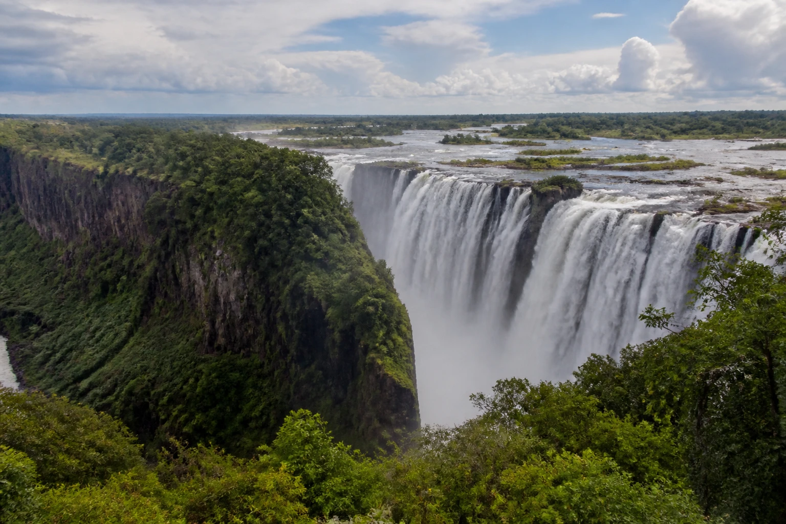 Representative nature destination view: Victoria Falls, Zimbabwe / Zambia; inland water, regional terrain, and vegetation, not an exact landmark photograph.