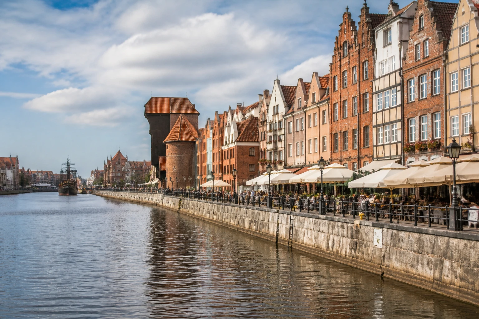 Representative historic city destination view: Gdansk, Poland; passenger waterfront and harbor water, not an exact landmark photograph.