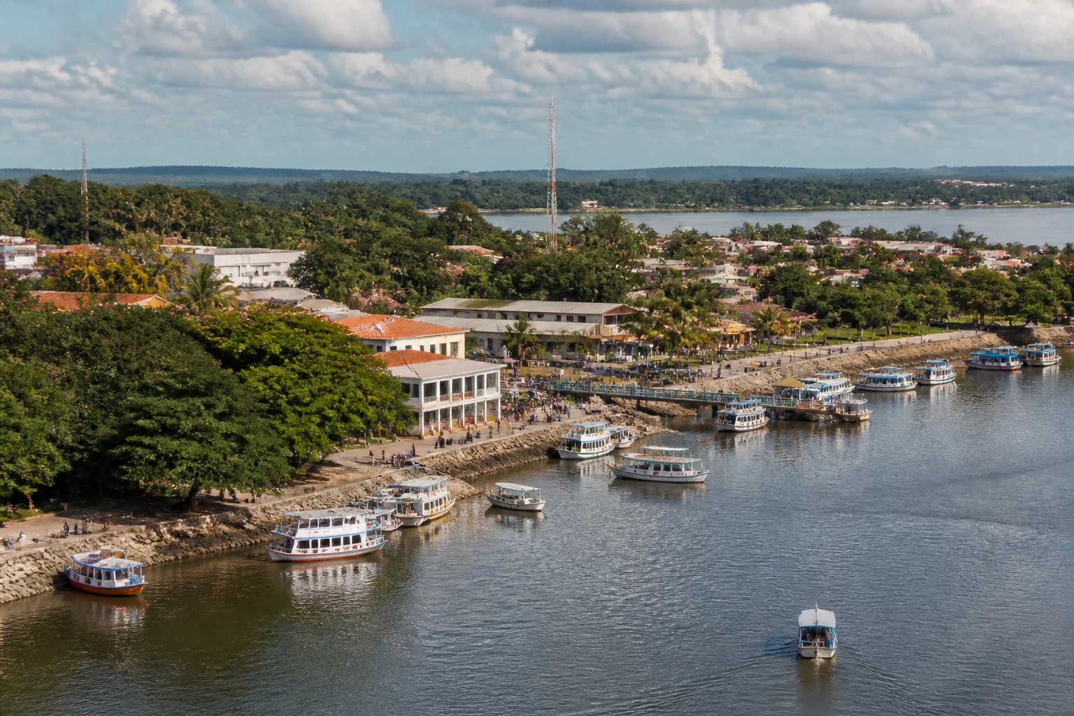 Representative cruise port destination view: Alter do Chao, Brazil; passenger waterfront and harbor water, not an exact landmark photograph.
