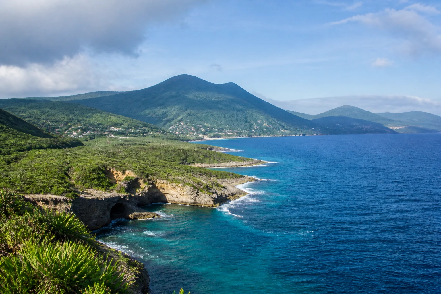Representative island destination view: Guadeloupe, France; coastline and regional vegetation, not an exact landmark photograph.