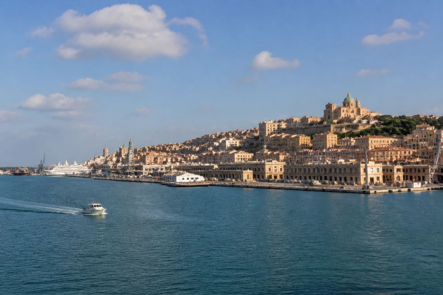 Representative cruise port destination view: Ancona, Italy; passenger waterfront and harbor water, not an exact landmark photograph.