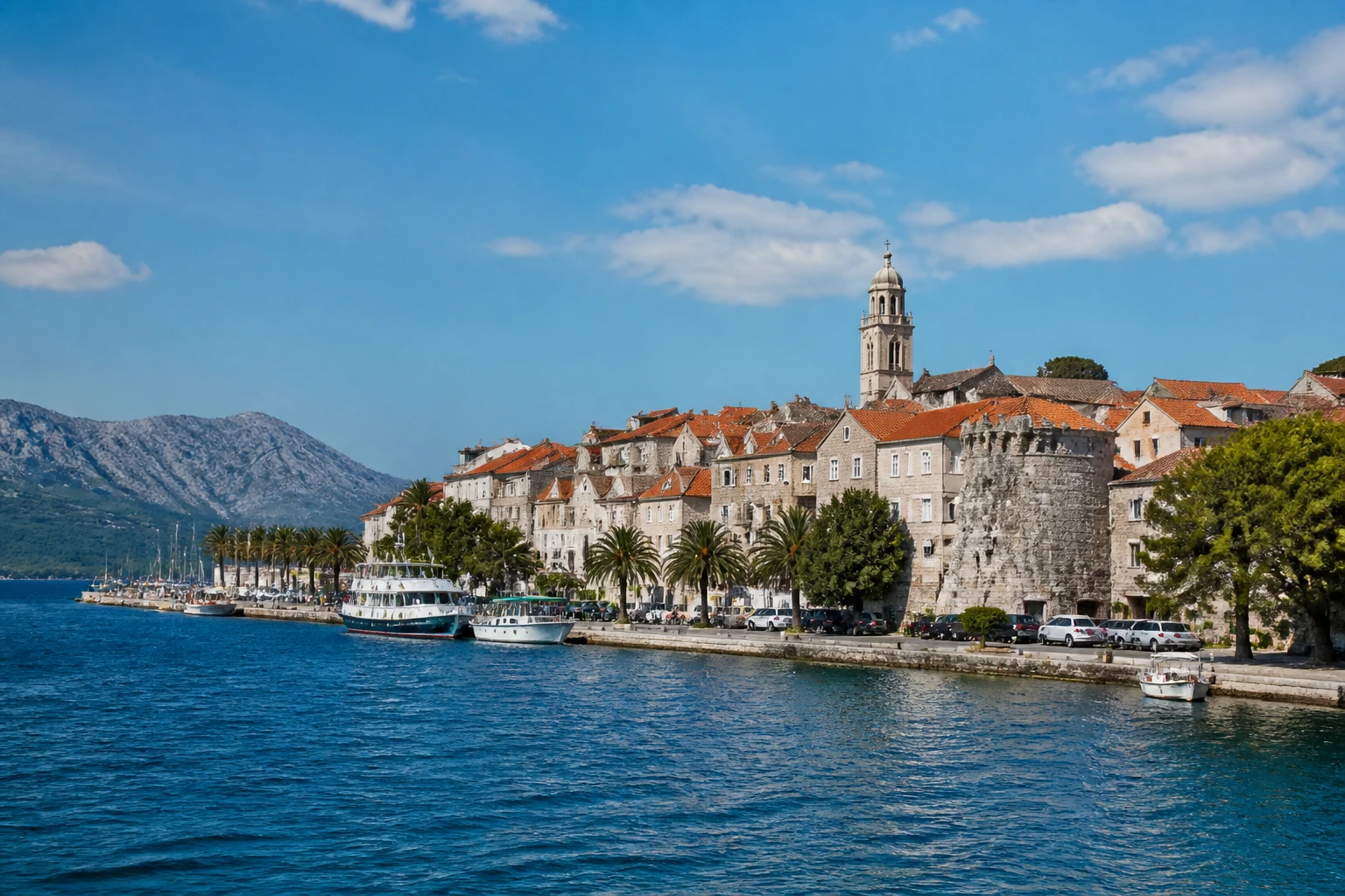 Representative cruise port destination view: Korcula, Croatia; passenger waterfront and harbor water, not an exact landmark photograph.