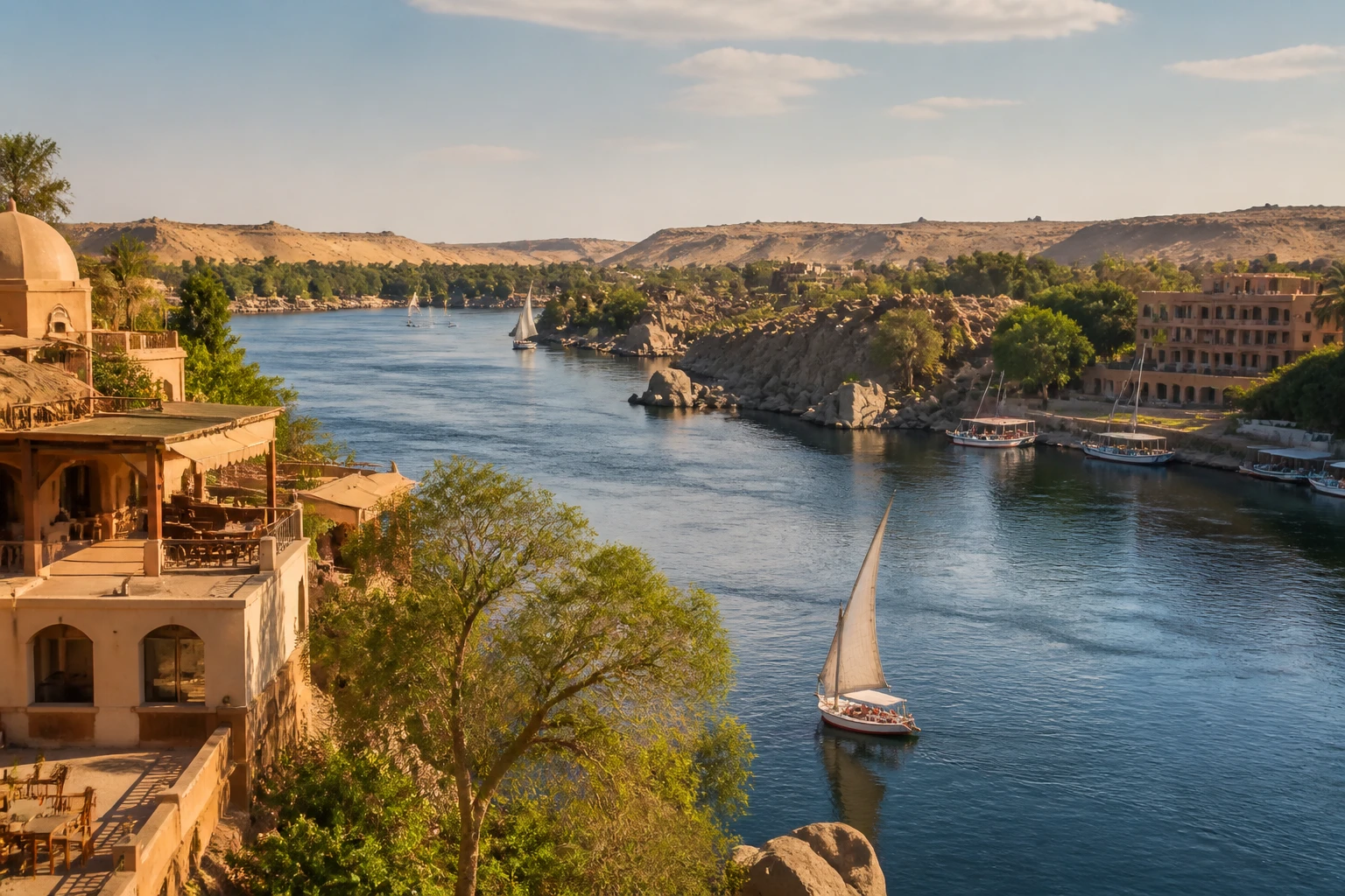 Representative river destination view: Aswan and the Nile, Egypt; inland water, regional terrain, and vegetation, not an exact landmark photograph.
