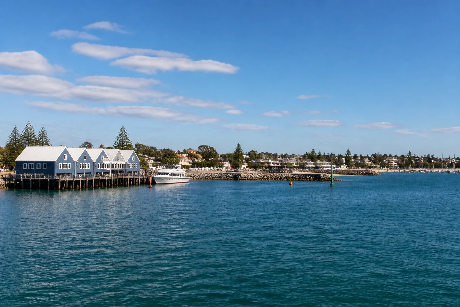 Representative cruise port destination view: Busselton, Australia; passenger waterfront and harbor water, not an exact landmark photograph.
