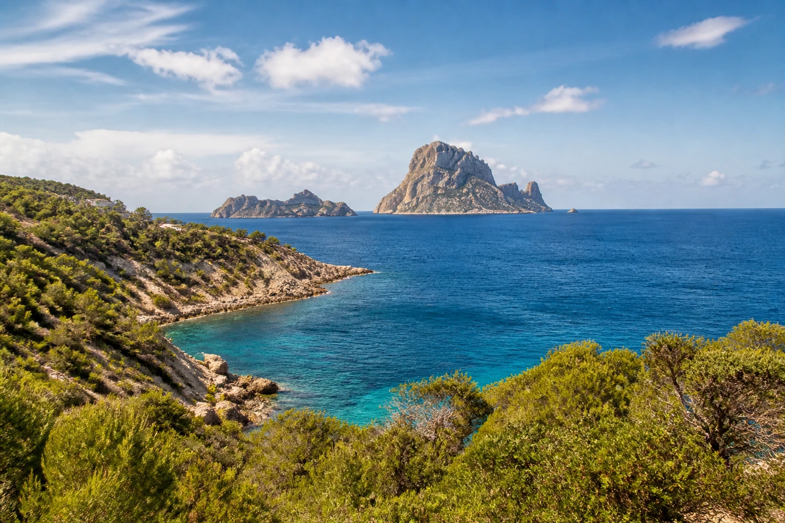 Representative island destination view: Ibiza, Spain; coastline and regional vegetation, not an exact landmark photograph.
