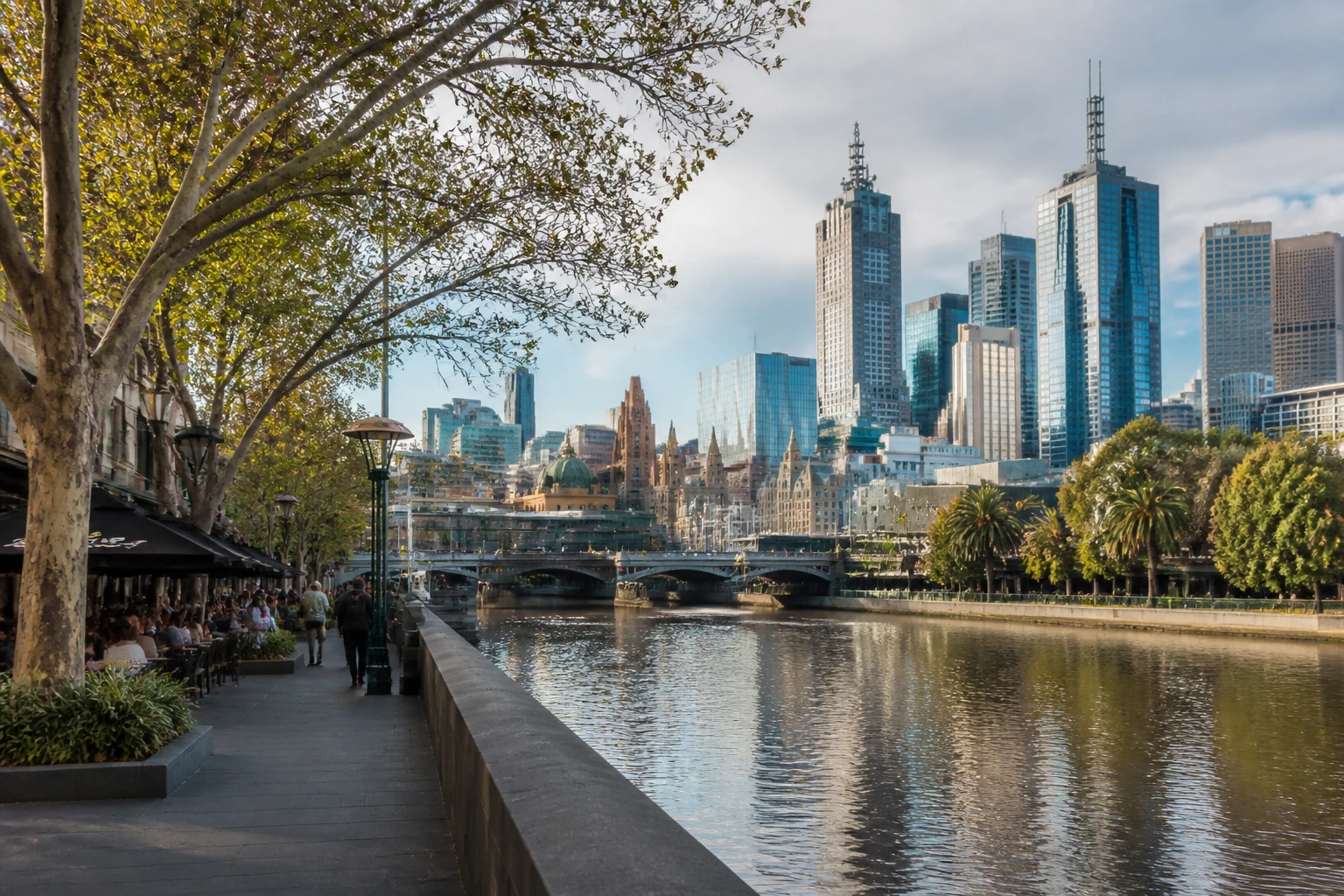 Representative city destination view: Melbourne, Australia; passenger waterfront and harbor water, not an exact landmark photograph.