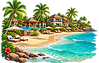 Tropical Caribbean beach resort with palm trees, beachfront villas, swimming pool, lounge chairs and turquoise ocean waves