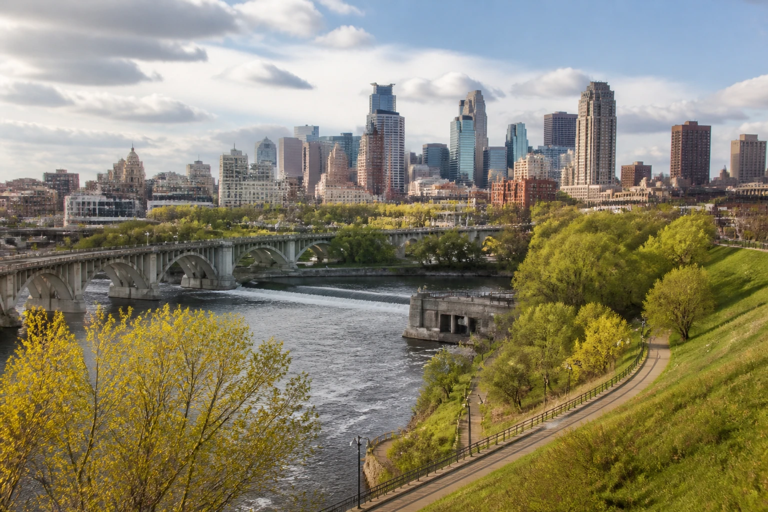 Representative city destination view: Minneapolis and St. Paul, United States; local streetscape and regional architecture, not an exact landmark photograph.