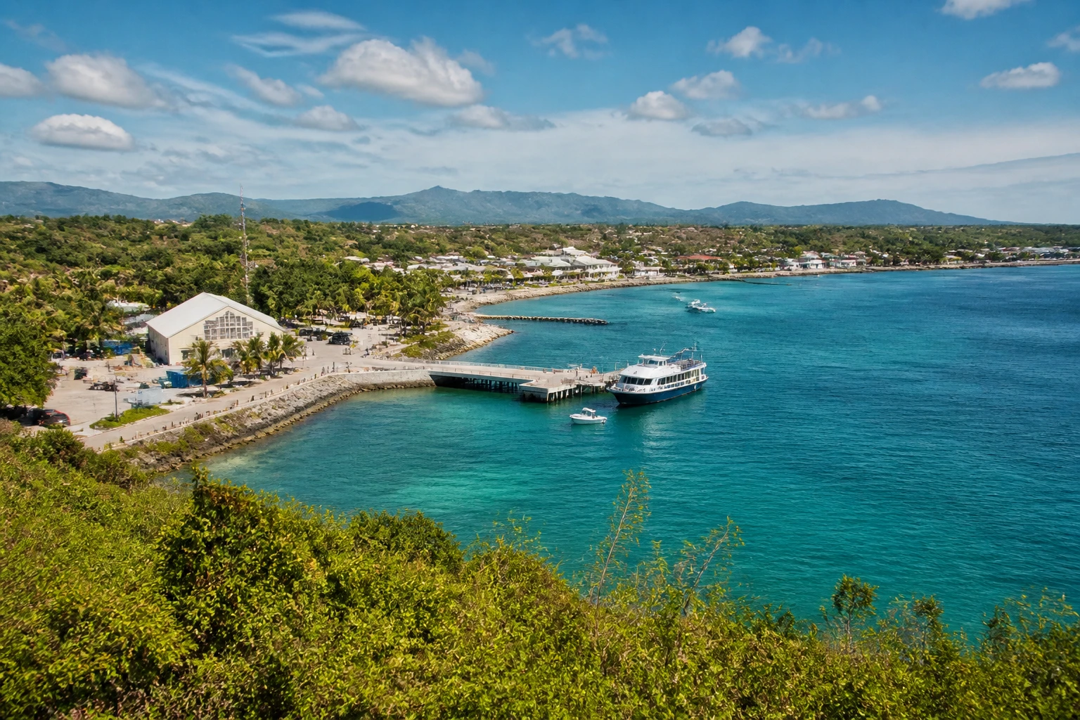 Representative cruise port destination view: Isla Catalina, Dominican Republic; passenger waterfront and harbor water, not an exact landmark photograph.