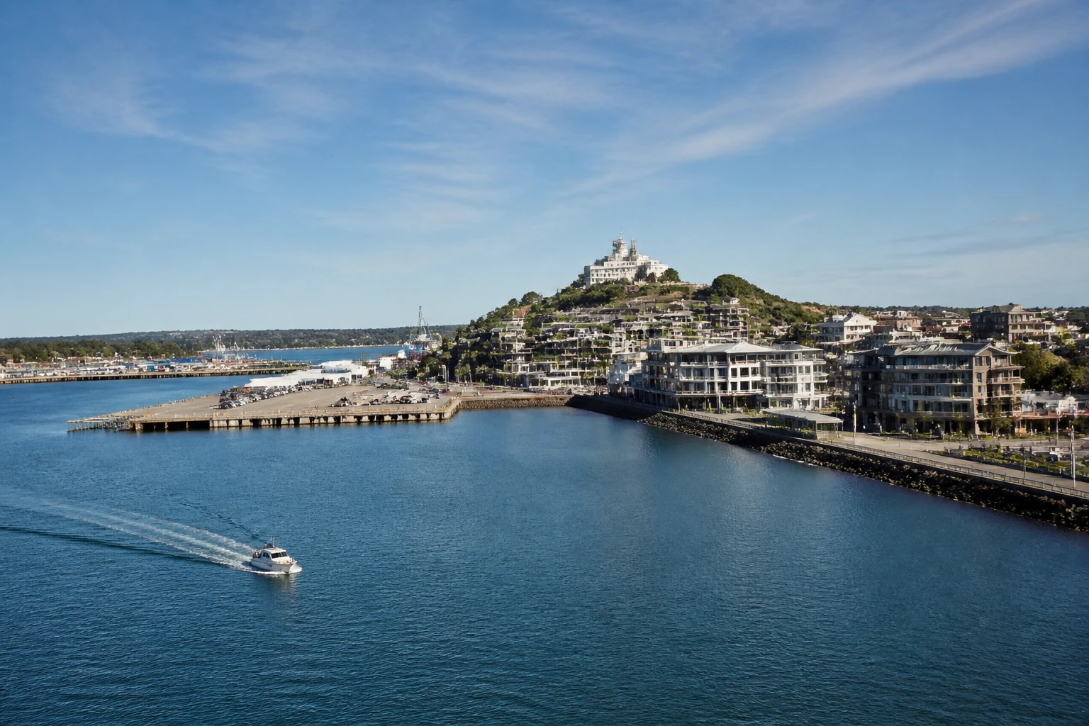 Representative cruise port destination view: Newcastle, Australia; passenger waterfront and harbor water, not an exact landmark photograph.