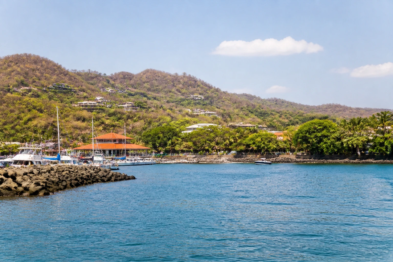 Representative cruise port destination view: Playa Flamingo, Costa Rica; passenger waterfront and harbor water, not an exact landmark photograph.