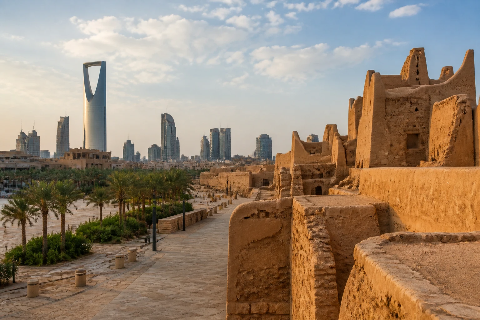 Representative city destination view: Riyadh, Saudi Arabia; heritage-scale streetscape and regional architecture, not an exact landmark photograph.
