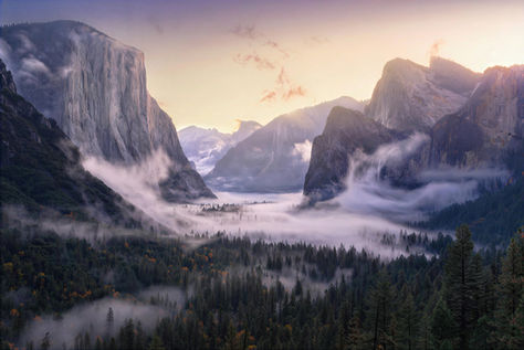 Yosemite Valley filled with mist beneath towering granite cliffs and warm evening light.