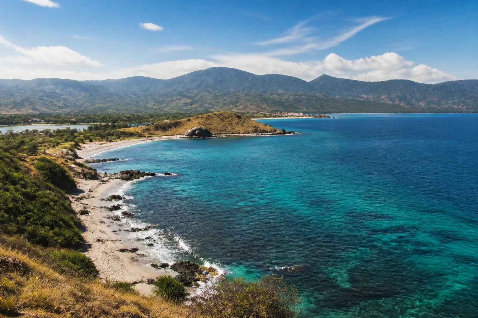 Representative island destination view: Lombok and the Gili Islands, Indonesia; coastline and regional vegetation, not an exact landmark photograph.