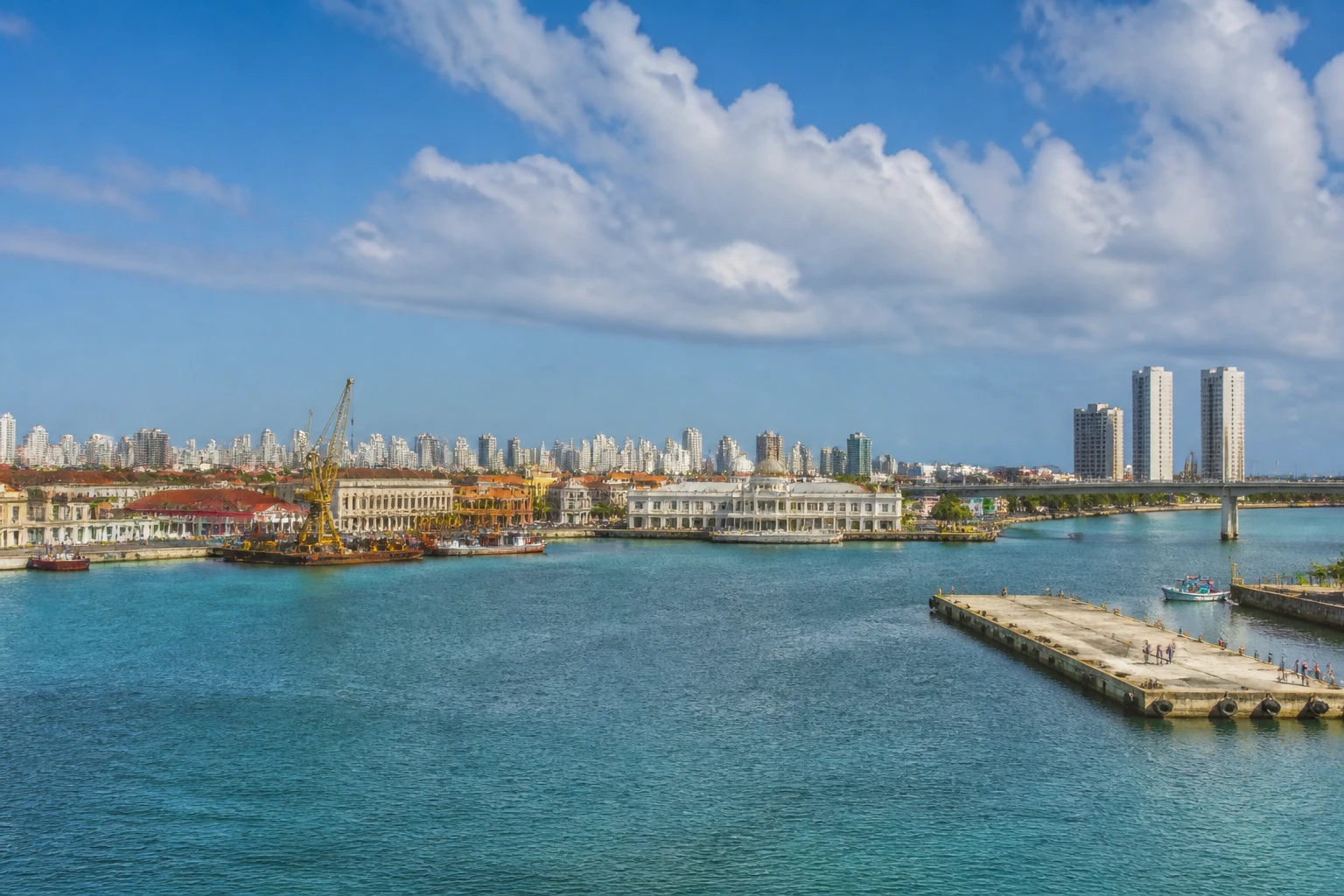 Representative cruise port destination view: Recife, Brazil; passenger waterfront and harbor water, not an exact landmark photograph.
