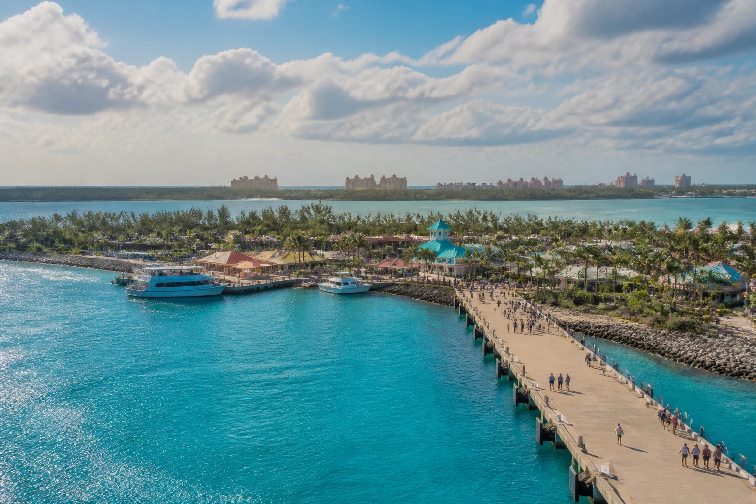 Representative cruise port destination view: Princess Cays, Bahamas; passenger waterfront and harbor water, not an exact landmark photograph.