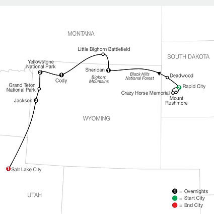 Official Globus route map for America's National Parks, traveling from Rapid City to Salt Lake City
