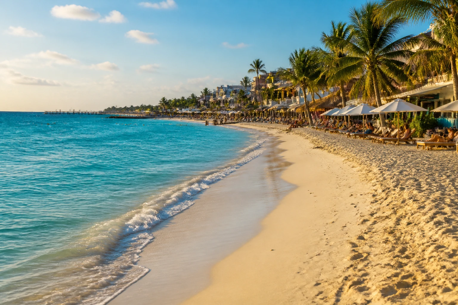 Representative coastal destination view: Playa del Carmen, Mexico; coastline and regional vegetation, not an exact landmark photograph.