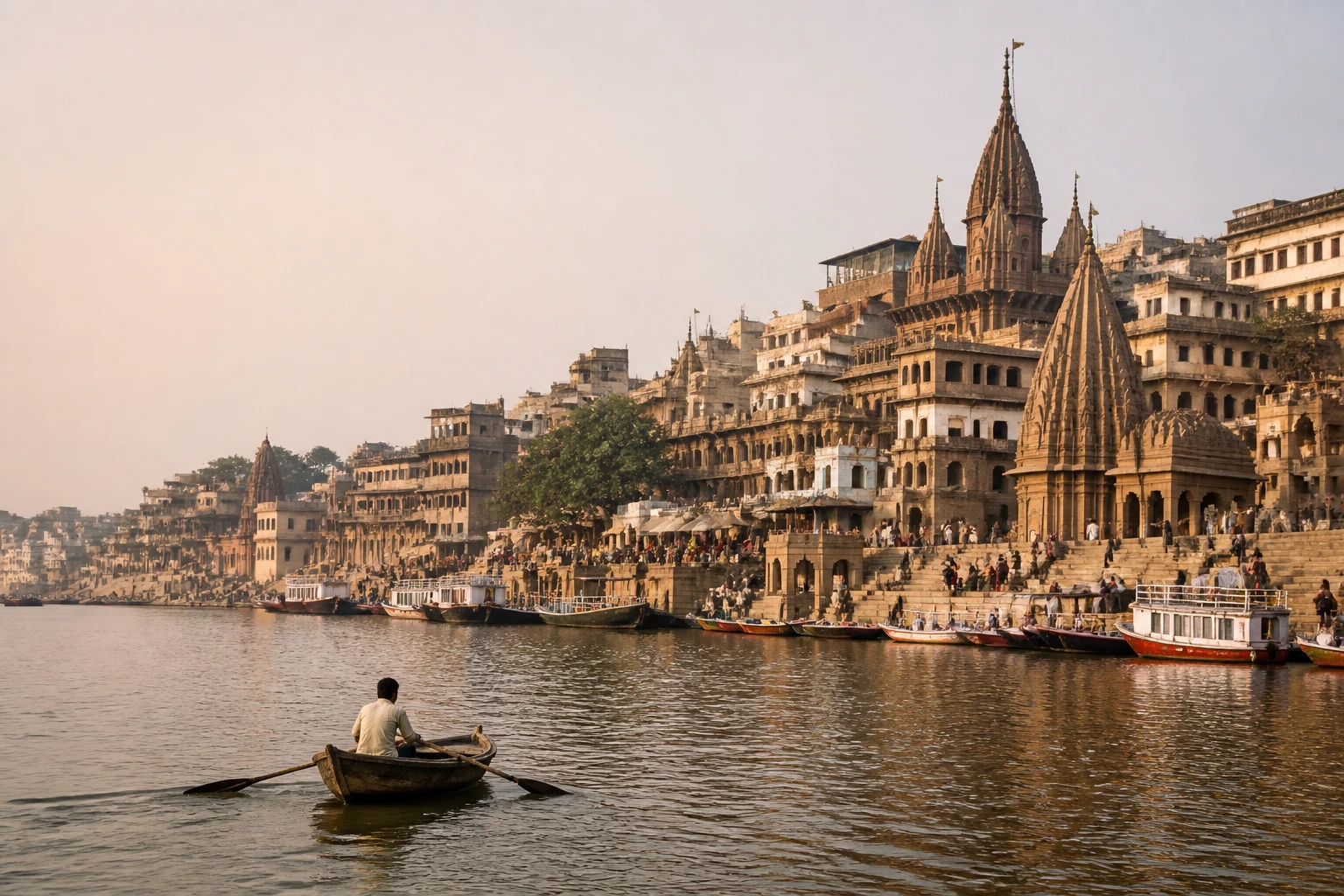 Representative river destination view: Varanasi, India; inland water, regional terrain, and vegetation, not an exact landmark photograph.