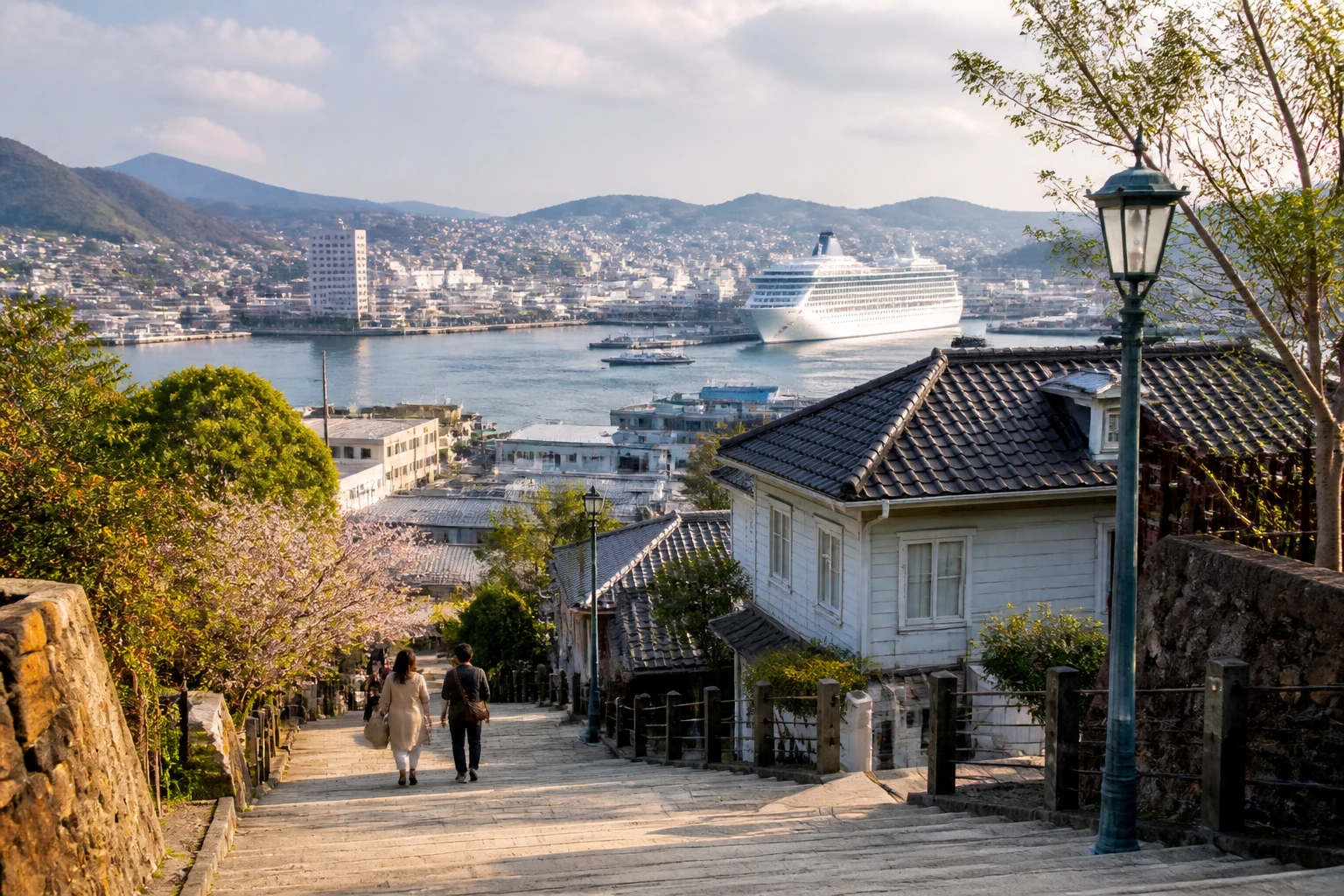 Representative historic city destination view: Nagasaki, Japan; passenger waterfront and harbor water, not an exact landmark photograph.