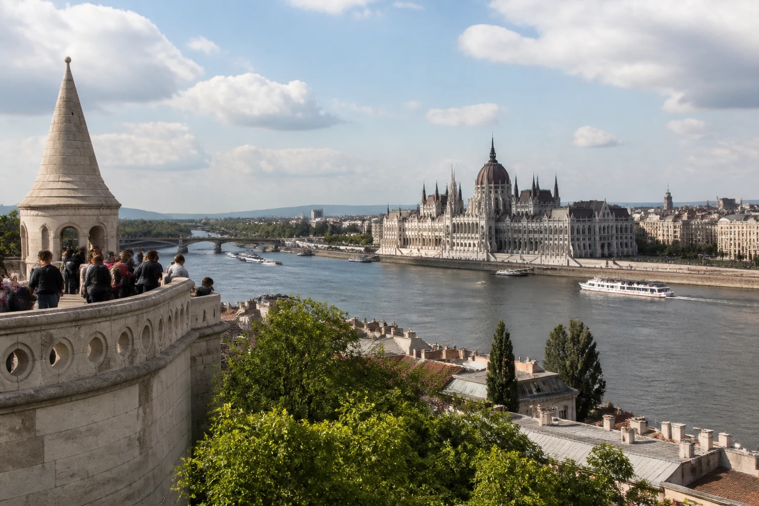 Representative river destination view: Budapest, Hungary; inland water, regional terrain, and vegetation, not an exact landmark photograph.