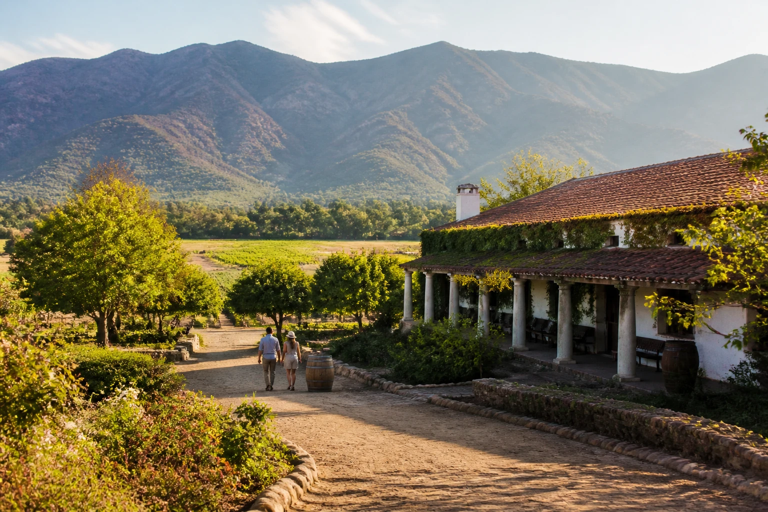 Representative regional destination view of Chilean Wine Country, with rural terrain, cultivated landscape, and natural light; not an exact landmark photograph.