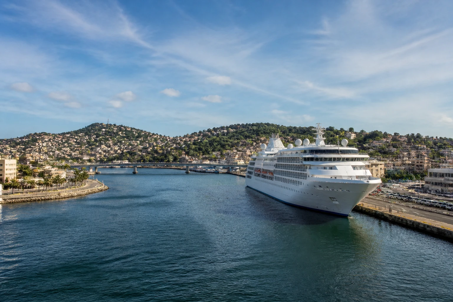Representative cruise port destination view: Sete, France; passenger waterfront and harbor water, not an exact landmark photograph.