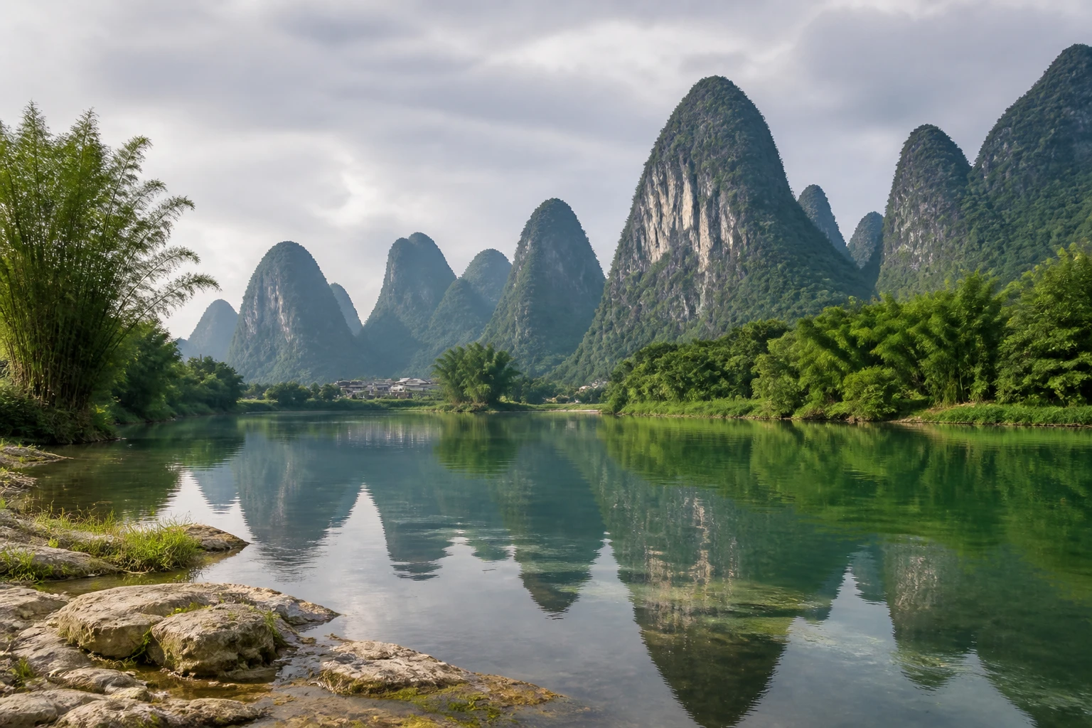 Representative nature destination view: Guilin and Yangshuo, China; inland water, regional terrain, and vegetation, not an exact landmark photograph.