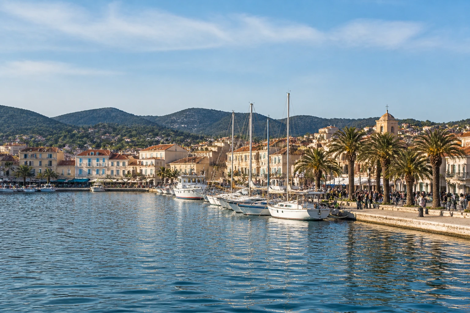 Representative cruise port destination view: Sanary-sur-Mer, France; passenger waterfront and harbor water, not an exact landmark photograph.