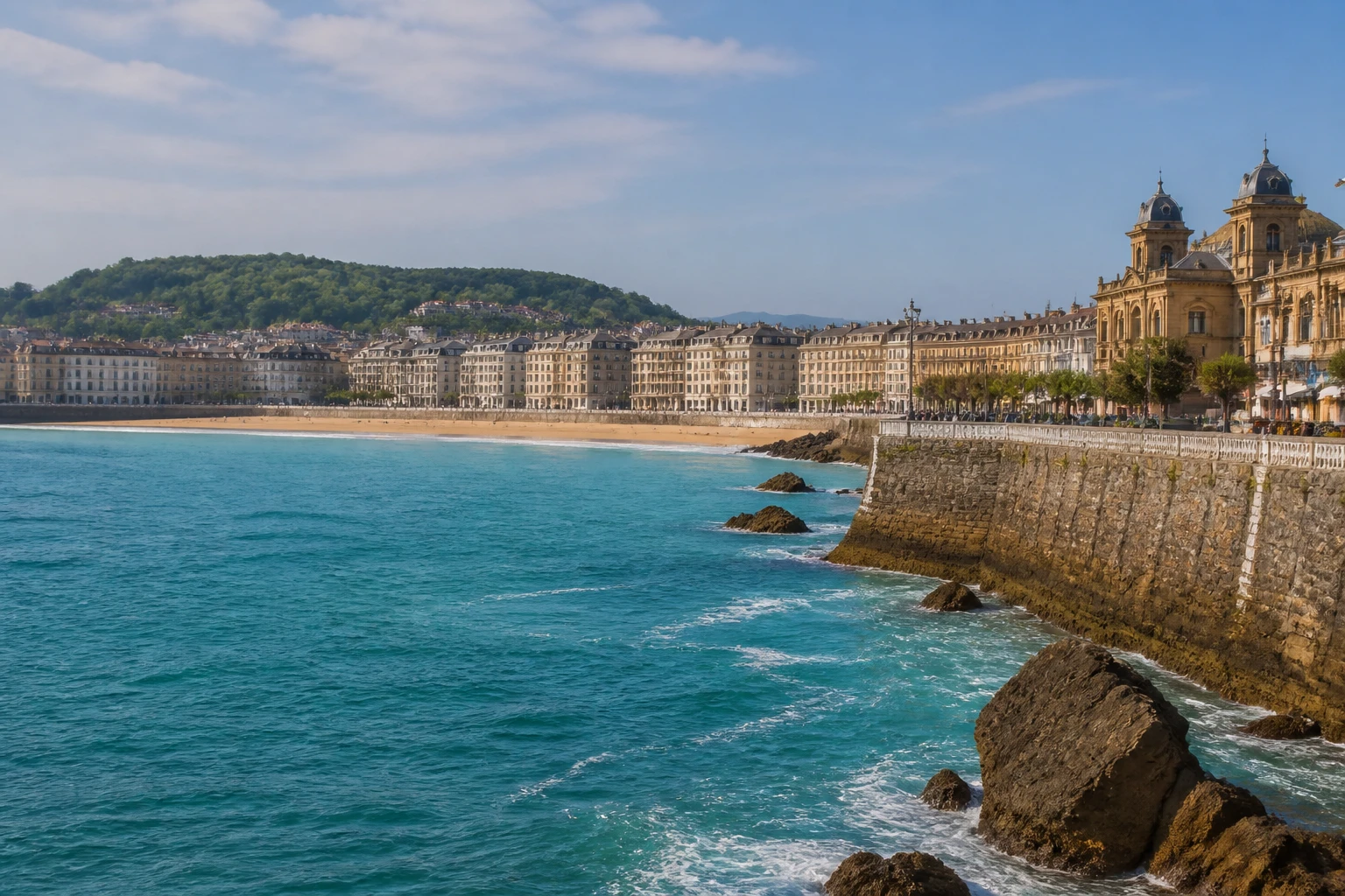 Representative coastal destination view: San Sebastian, Spain; coastline and regional vegetation, not an exact landmark photograph.
