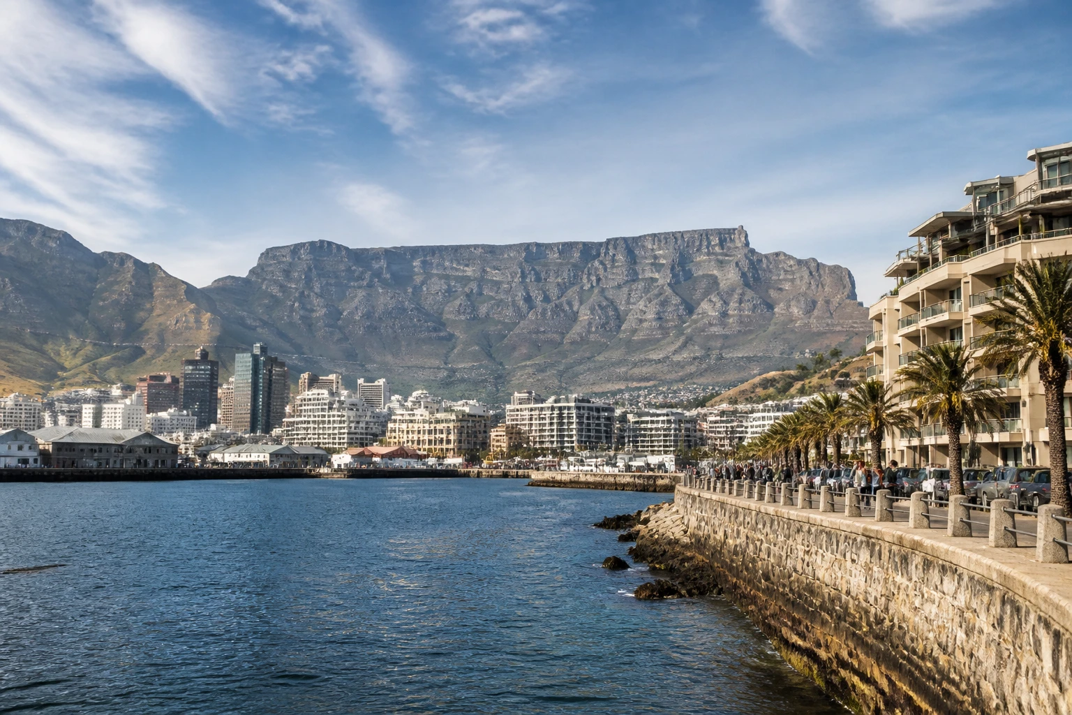 Representative city destination view: Cape Town, South Africa; passenger waterfront and harbor water, not an exact landmark photograph.
