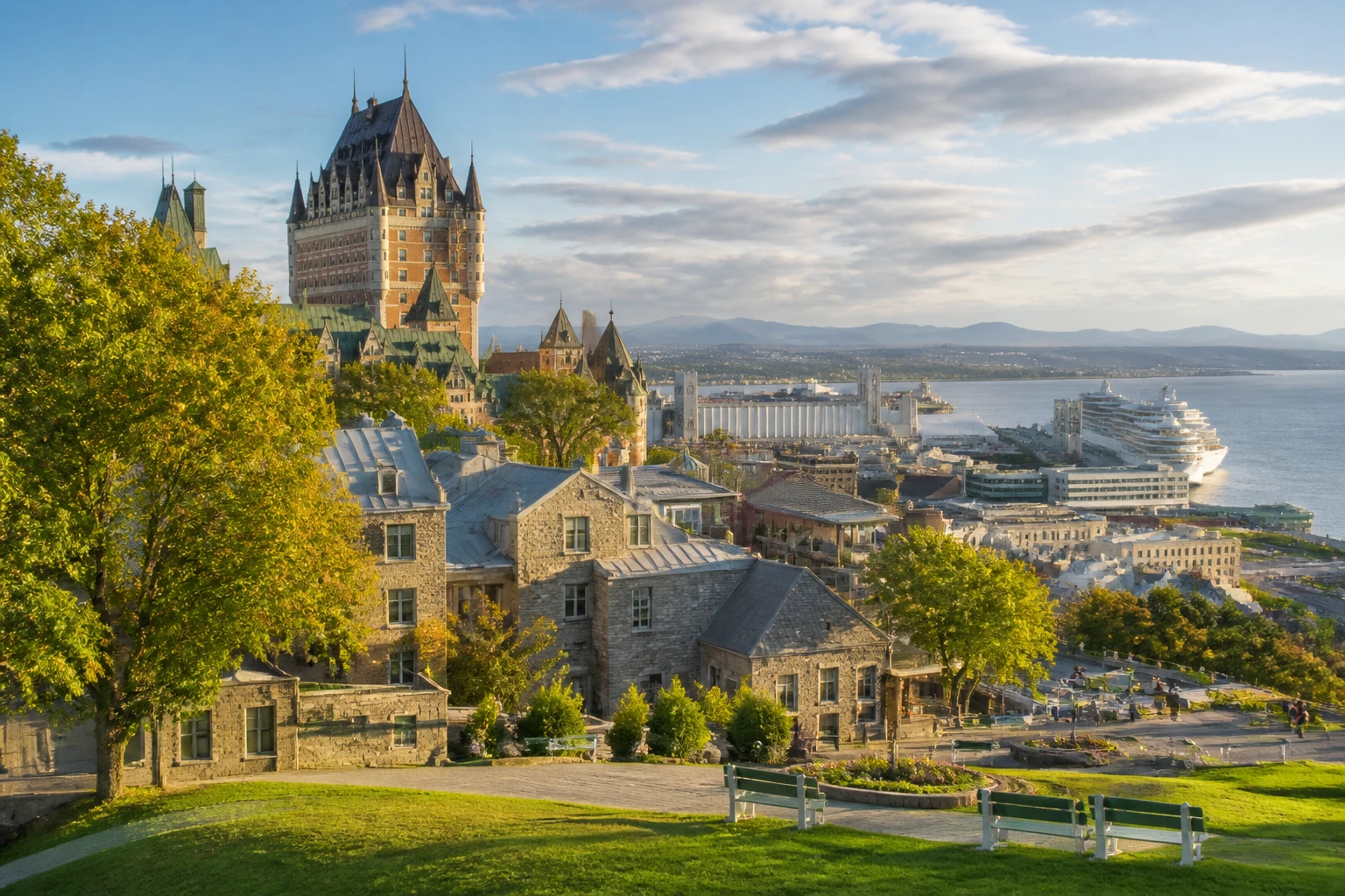 Representative city destination view: Quebec City, Canada; passenger waterfront and harbor water, not an exact landmark photograph.