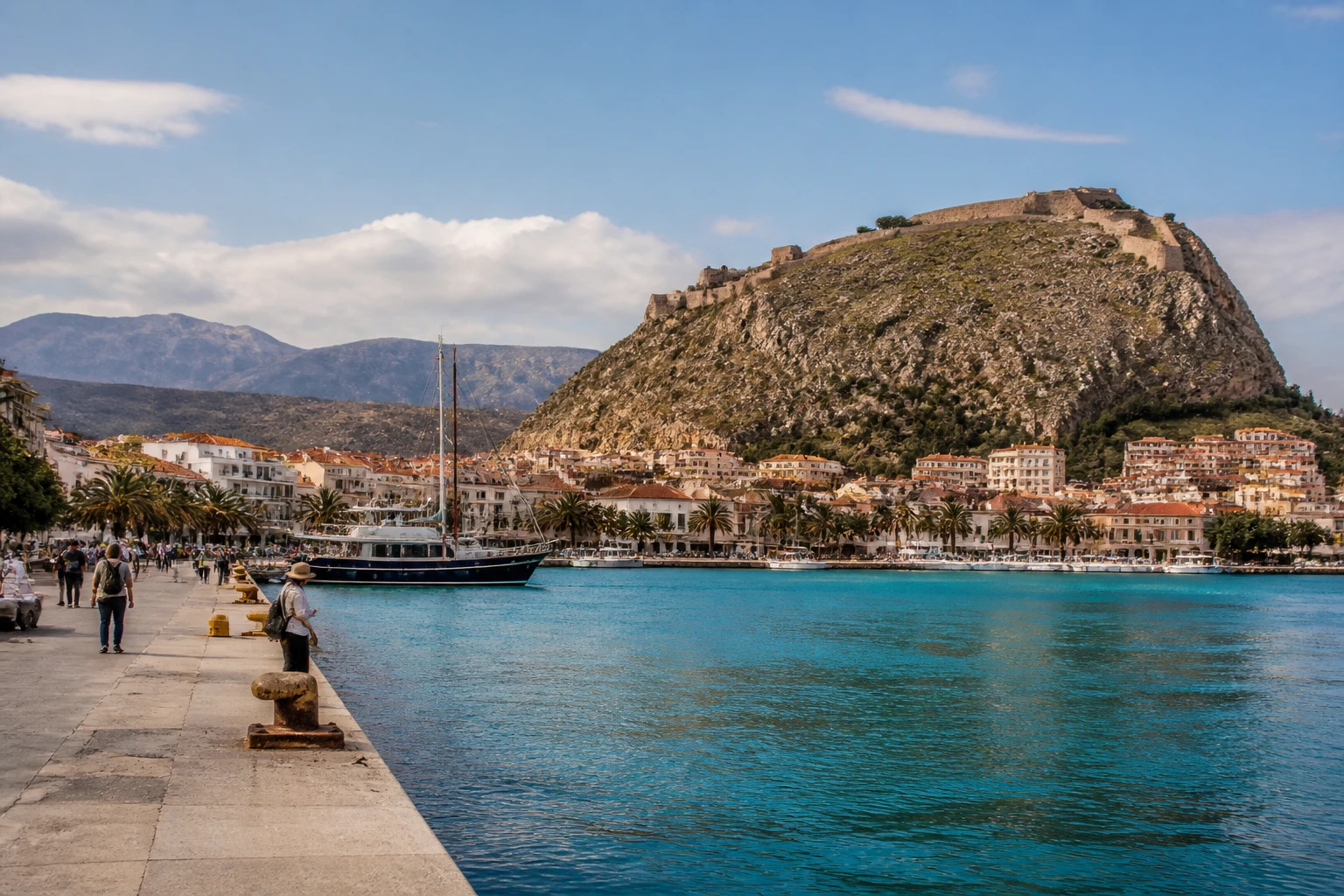 Representative cruise port destination view: Nafplio, Greece; passenger waterfront and harbor water, not an exact landmark photograph.