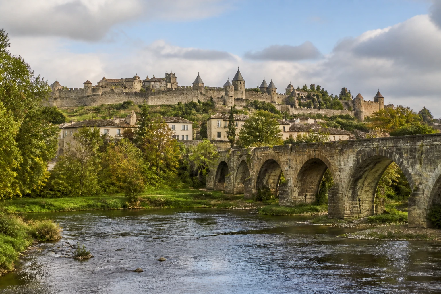 Representative historic city destination view: Carcassonne, France; heritage-scale streetscape and regional architecture, not an exact landmark photograph.
