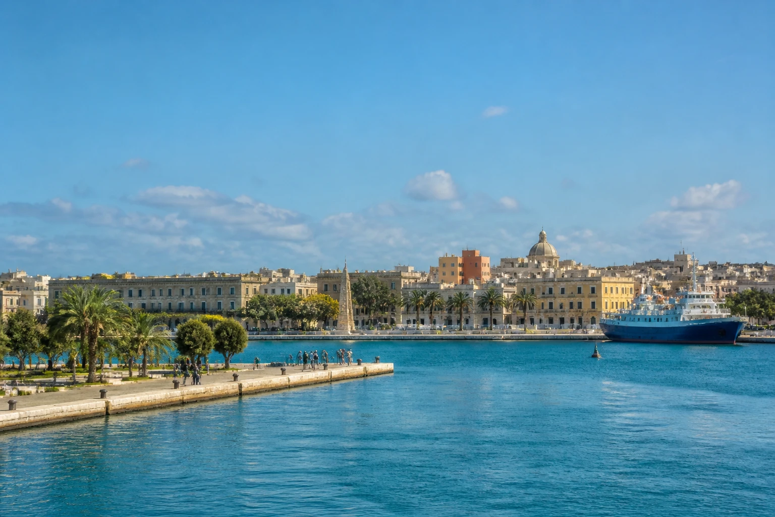 Representative cruise port destination view: Brindisi, Italy; passenger waterfront and harbor water, not an exact landmark photograph.