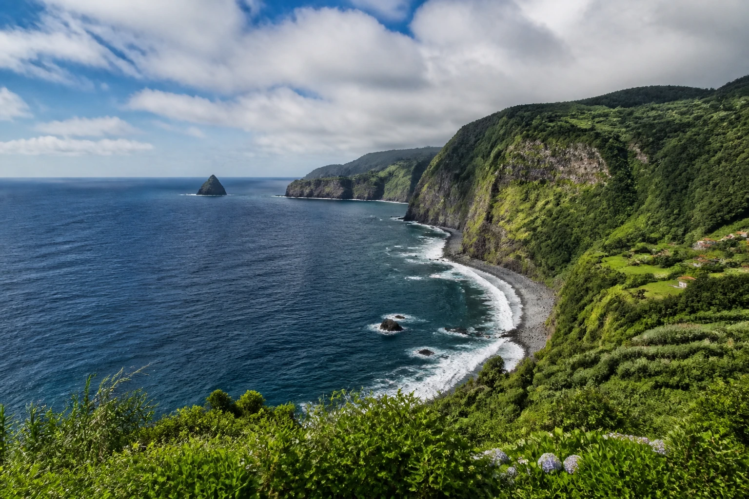 Representative island destination view: Azores, Portugal; coastline and regional vegetation, not an exact landmark photograph.