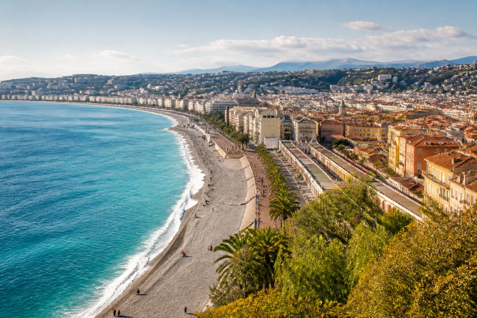 Representative city destination view: Nice, France; passenger waterfront and harbor water, not an exact landmark photograph.
