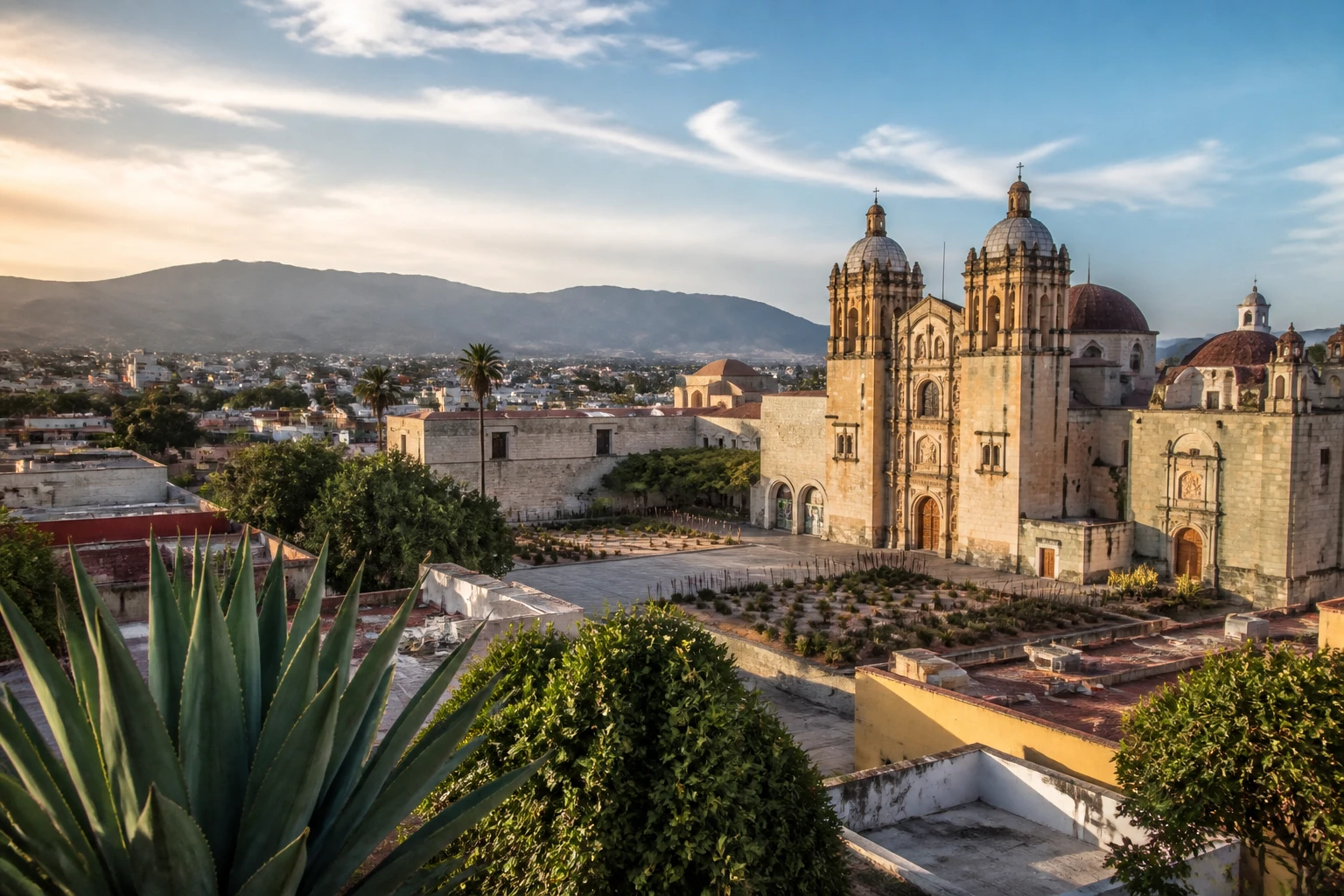 Representative city destination view: Oaxaca, Mexico; heritage-scale streetscape and regional architecture, not an exact landmark photograph.