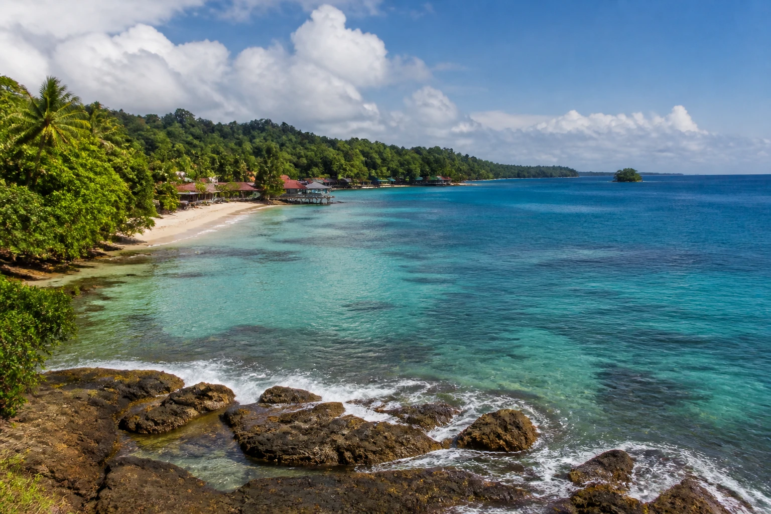 Representative island destination view: Bocas del Toro, Panama; coastline and regional vegetation, not an exact landmark photograph.