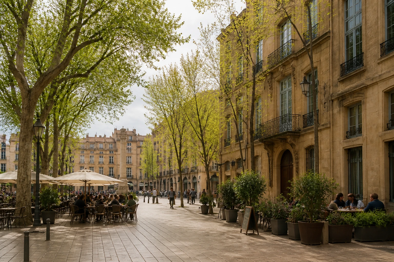 Representative historic city destination view: Aix-en-Provence, France; heritage-scale streetscape and regional architecture, not an exact landmark photograph.