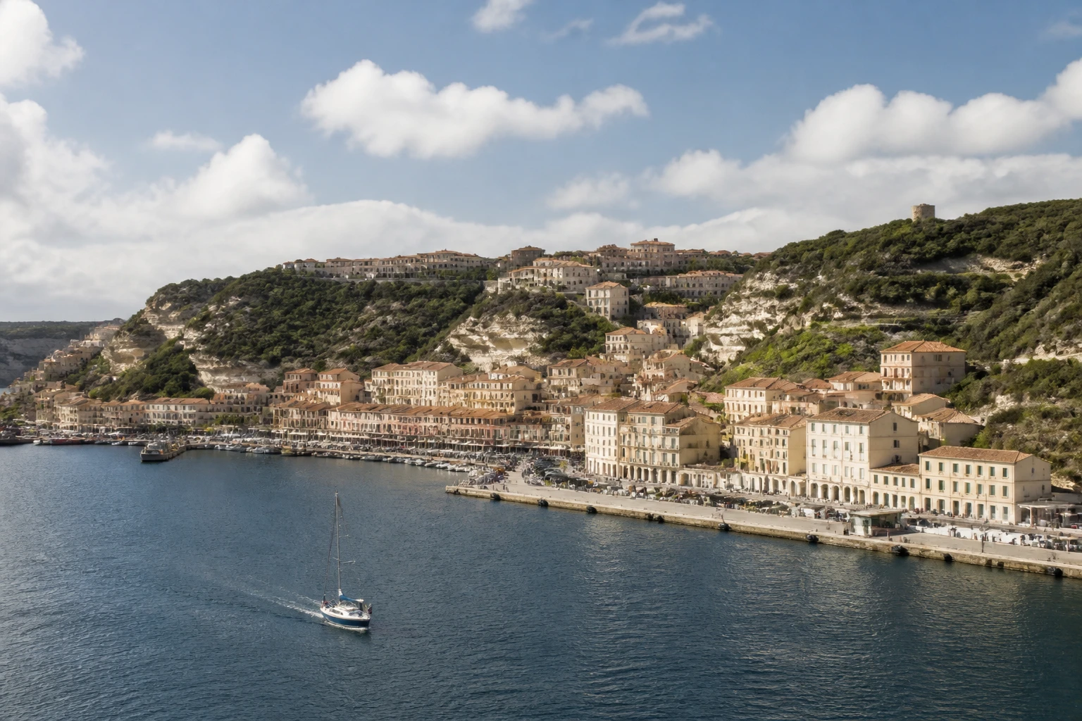 Representative cruise port destination view: Bonifacio, France; passenger waterfront and harbor water, not an exact landmark photograph.
